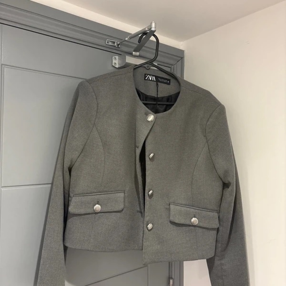 Zara Women's Charcoal Blazer with Metallic Accents